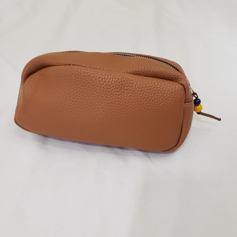 Faux Leather Tan Cognac Zippered Pouch Pencil Case Makeup Bag